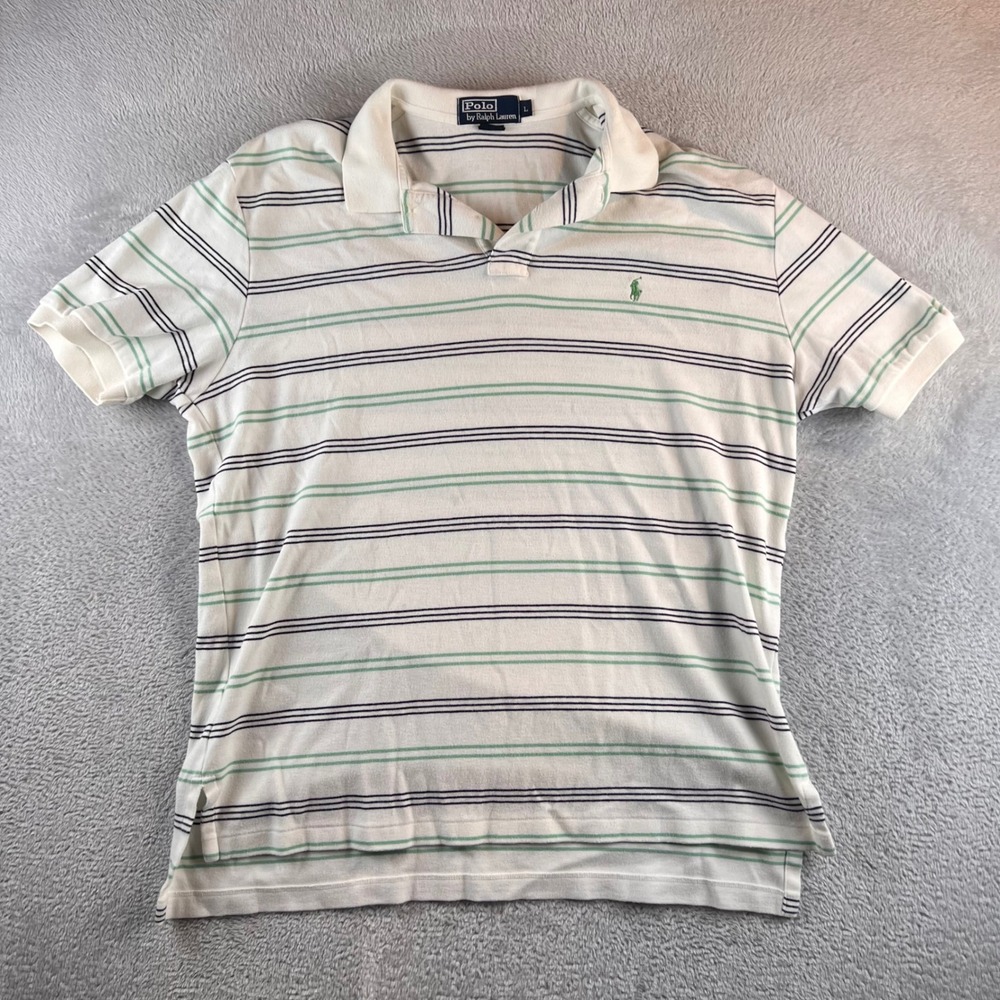 VTG Polo Ralph Lauren Mens Large White Green Navy Blue Striped Cotton Polo Shirt